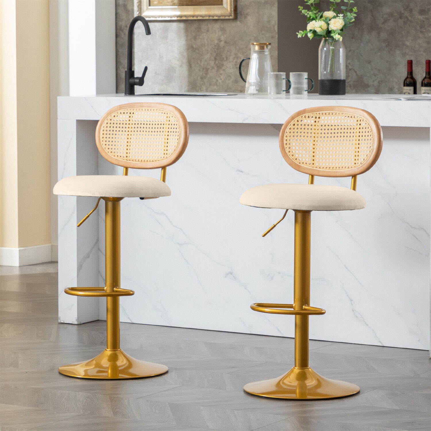 Bar Stools Set of 2 Swivel Bar Chairs Upholstered Velvet Gas Lift with Footrest