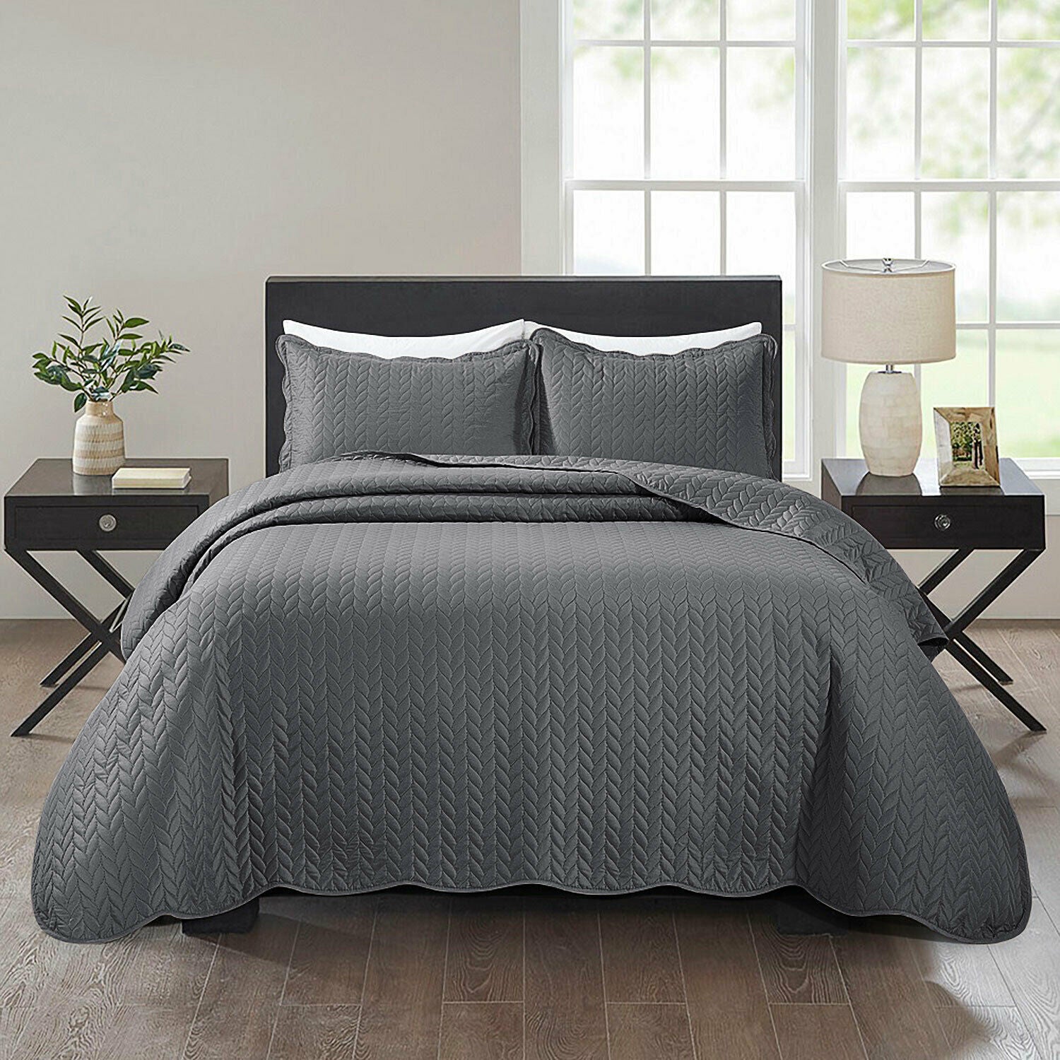 3 Pcs Grey Quilted Bedspread Super King Size Large Bed Throw Over Comforter Set