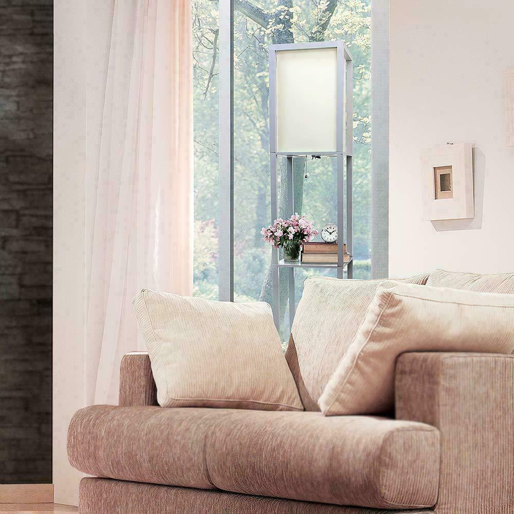 3-Tier Shelf Floor Lamp with Shade Free Standing Standard Light Storage White
