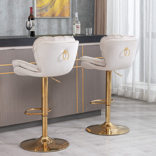 Set of 2 Velvet Bar Stools Adjustable Height Swivel Tufted Pub Bar Chairs HT