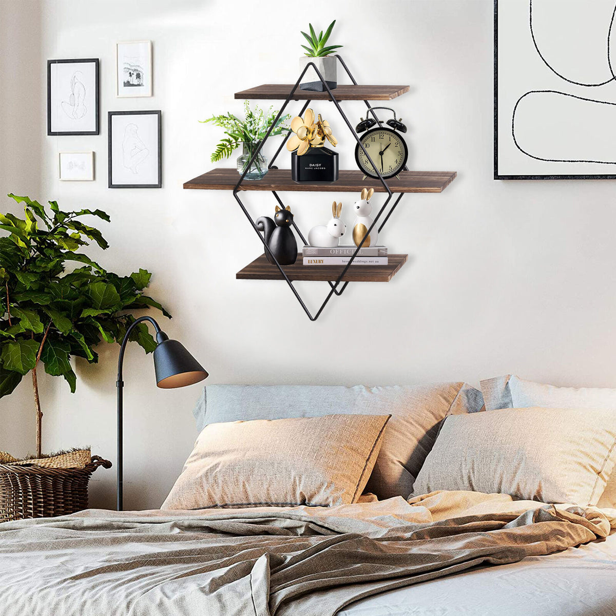 Industrial Geometry Wood Floating Shelf Heavy Duty Hanging Wall Mounte