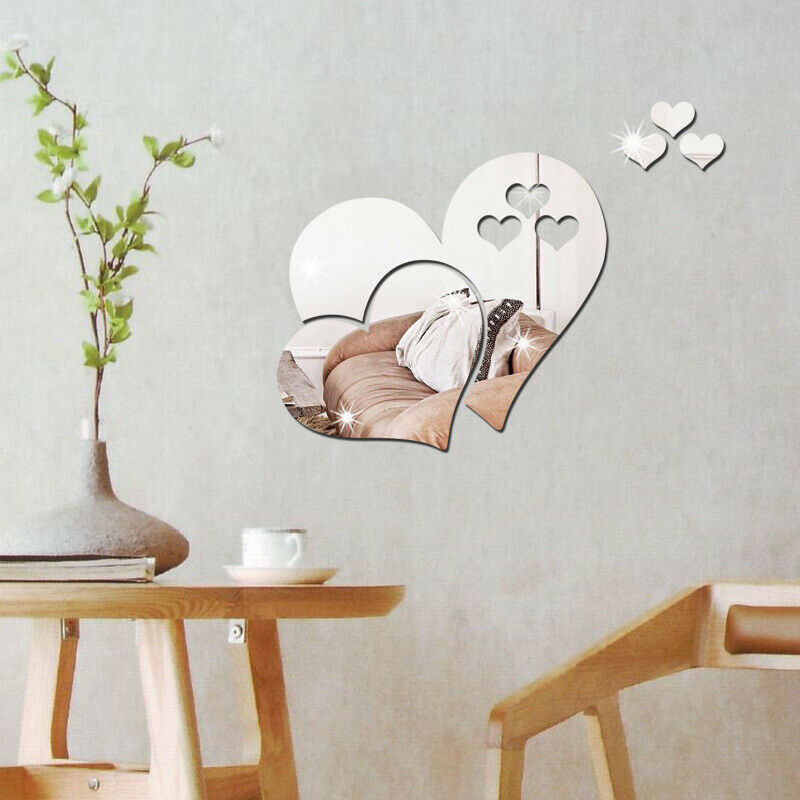 3 Love Heart Mirror Tiles Kitchen Wall Sticker Stick on Decal Home Bedroom Decor