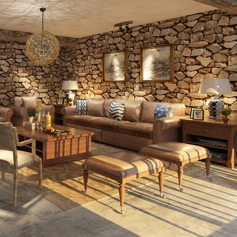 Stone Wall Wallpaper Roll 3D Effect Vinyl Wallcovering For Living Room Decor