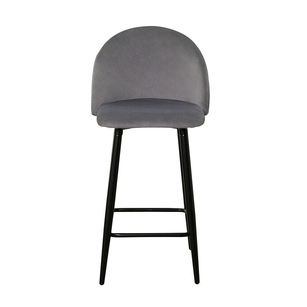 2× Grey Kitchen Breakfast Bar Stools Velvet Padded Seat Metal Legs Modern Pub