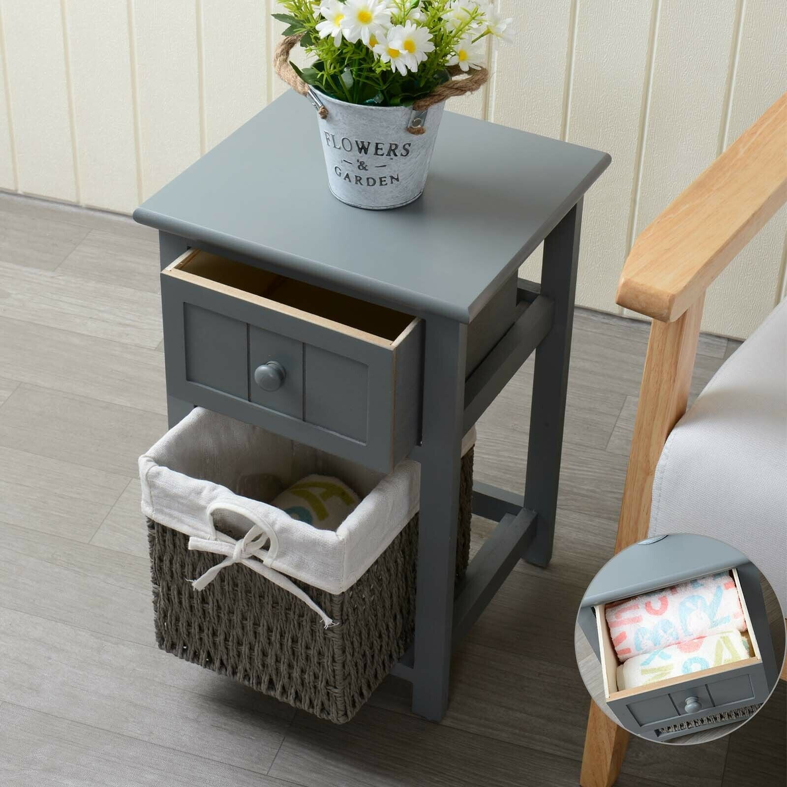 New Grey Bedroom Bedside Table Unit Cabinet Nightstand Wicker Storage Wooden UK