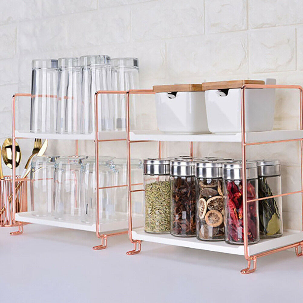 2/3 Tier Rose Gold Storage Holder Rack Shelf Organizer Shelving Countertop Units