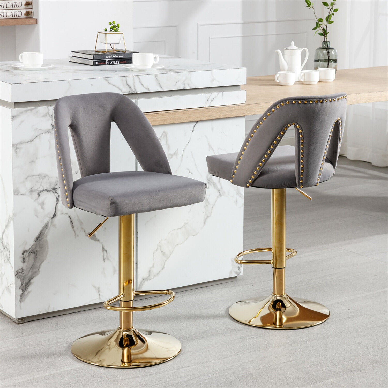 Bar Stools Set of 2 Upholstered Velvet Swivel Bar Chairs Adjustable Height HT