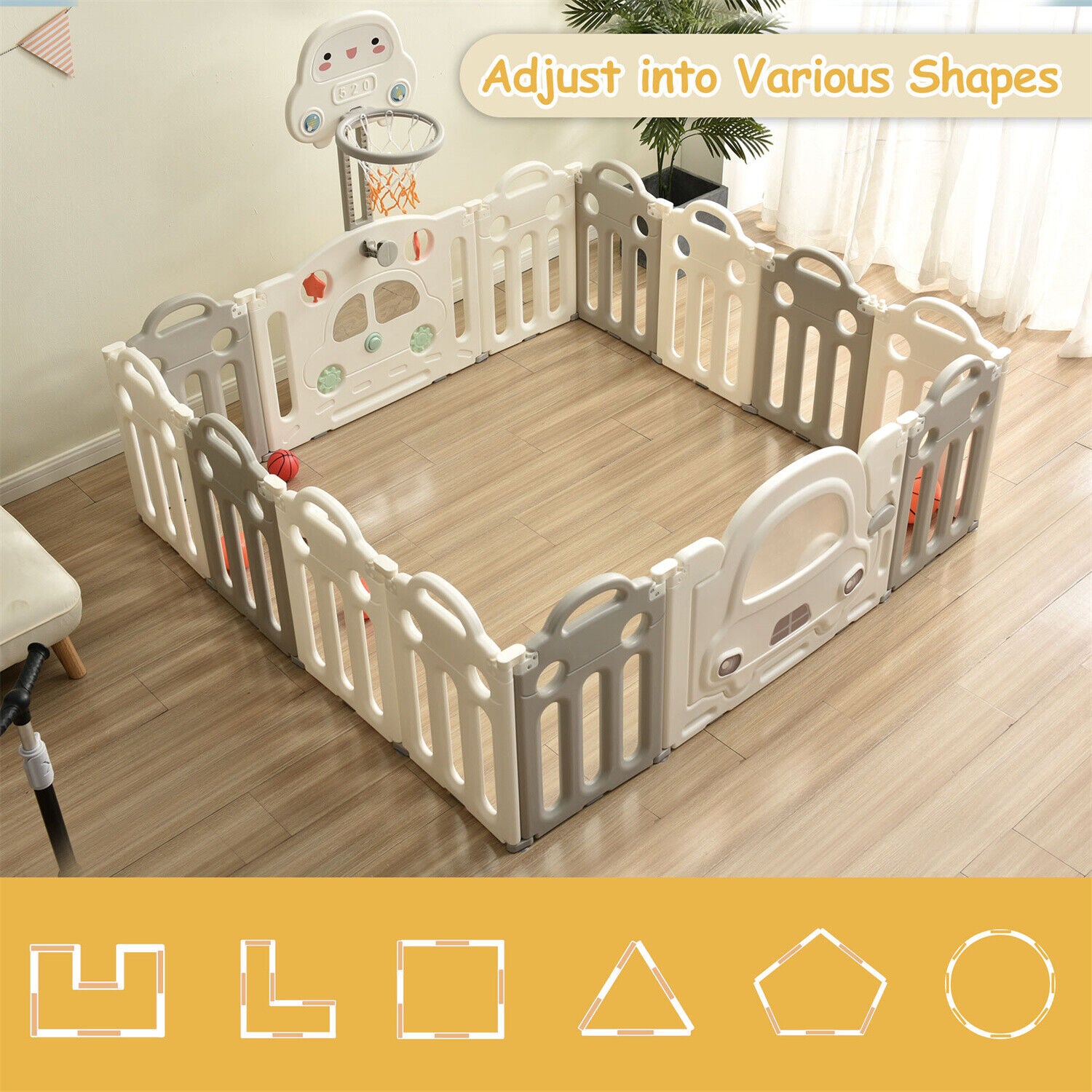 14 Panels Foldable Baby Playpen with Activity Panel & Basketball Hoop Grey HT