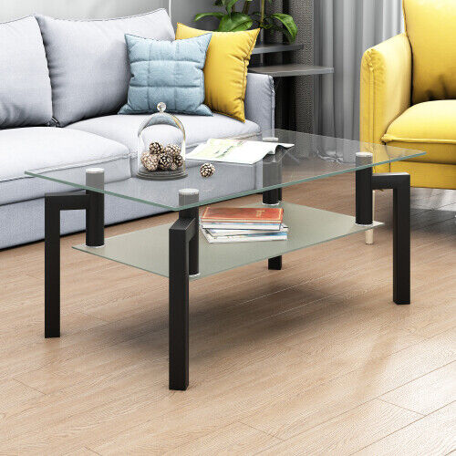 Rectangle Glass Coffee Table With Storage Shelf Modern Living Room Furniture HN