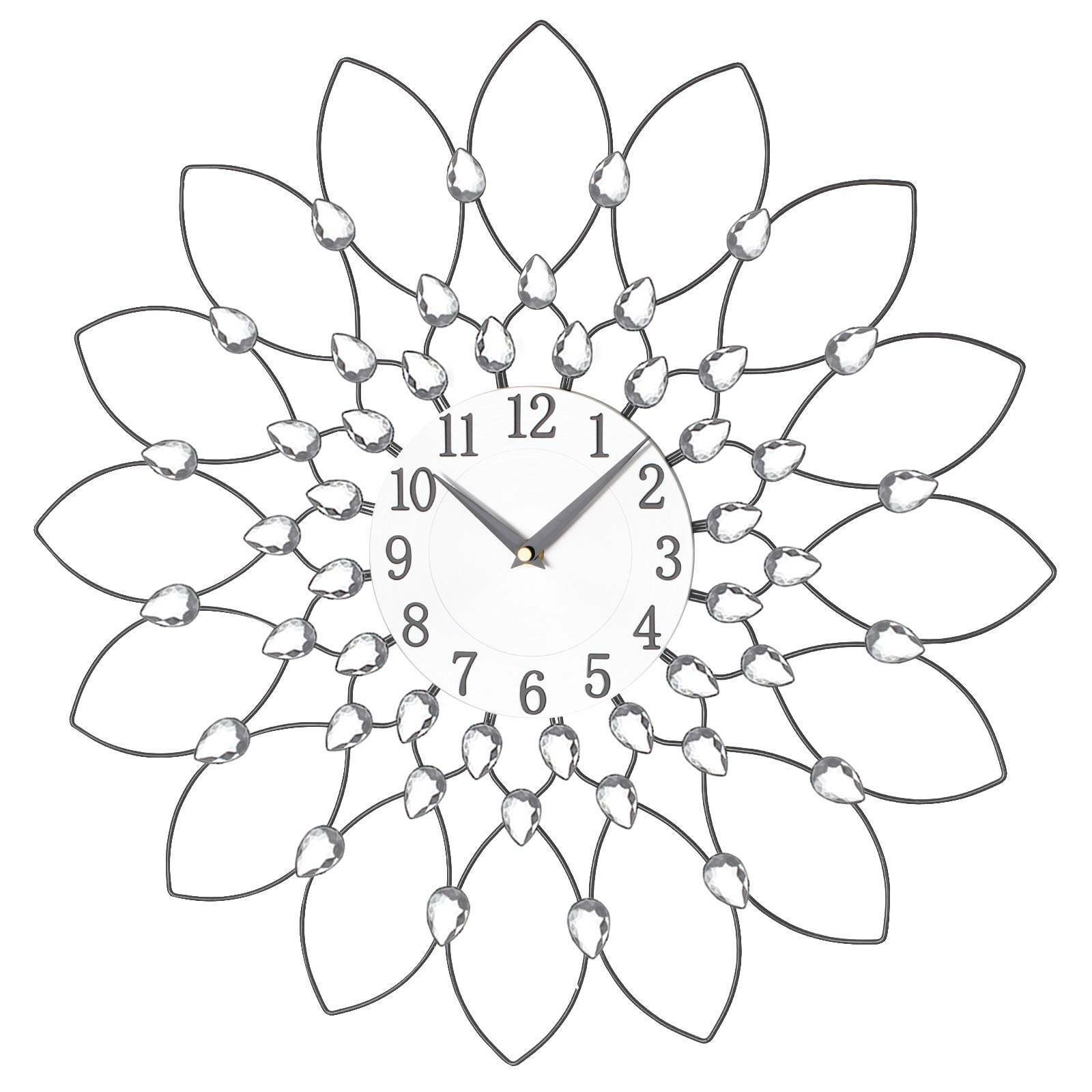 50cm Clear Diamante Beaded Jewelled Black Metal Spike Sunburst Wall Clock UK