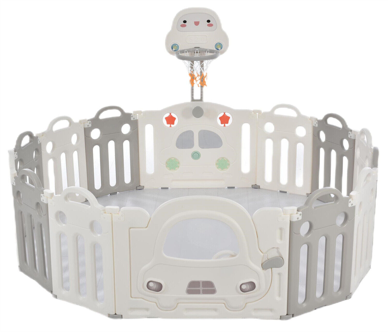 14 Panels Foldable Baby Playpen with Activity Panel & Basketball Hoop Grey HT