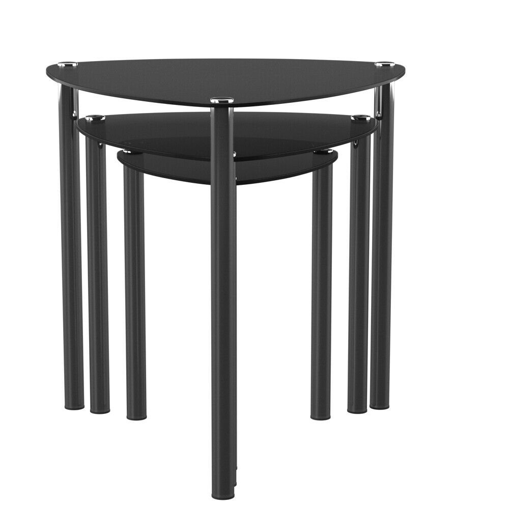 SET OF 3 NESTING TABLES/END SIDE TABLE-Black Glass,Chrome Legs -