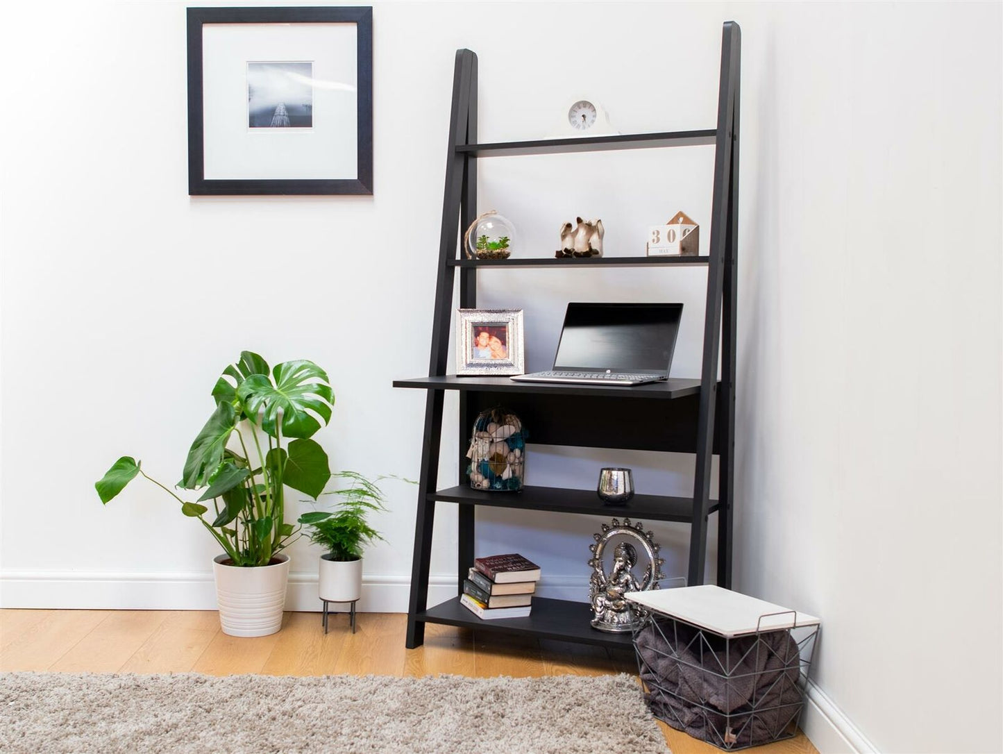 Riva Scandinavian Retro Ladder Bookcase Desk Shelving Shelf Unit Black 5 Tier