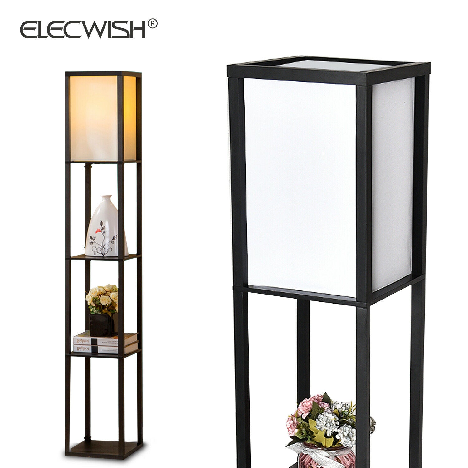 3-Tier Shelf Floor Lamp w/Shade Standing Light Open Shelves Storage Living Room