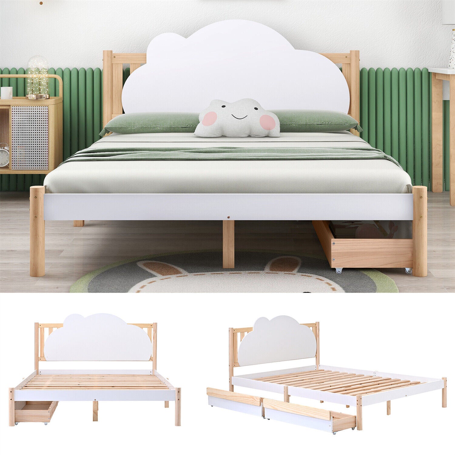 Wooden Bed Frame Storage Drawers 4ft6 Double Size Kids Bed with Cloud Headboard