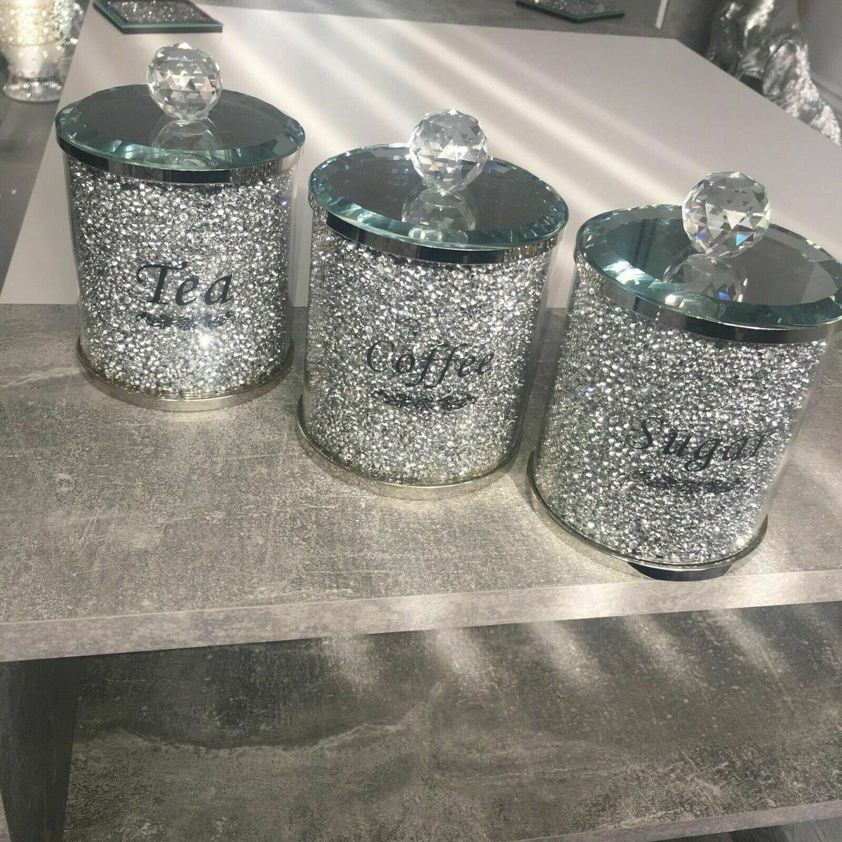 Diamond Crushed Silver Crystal Filled Tea Coffee Sugar Canisters