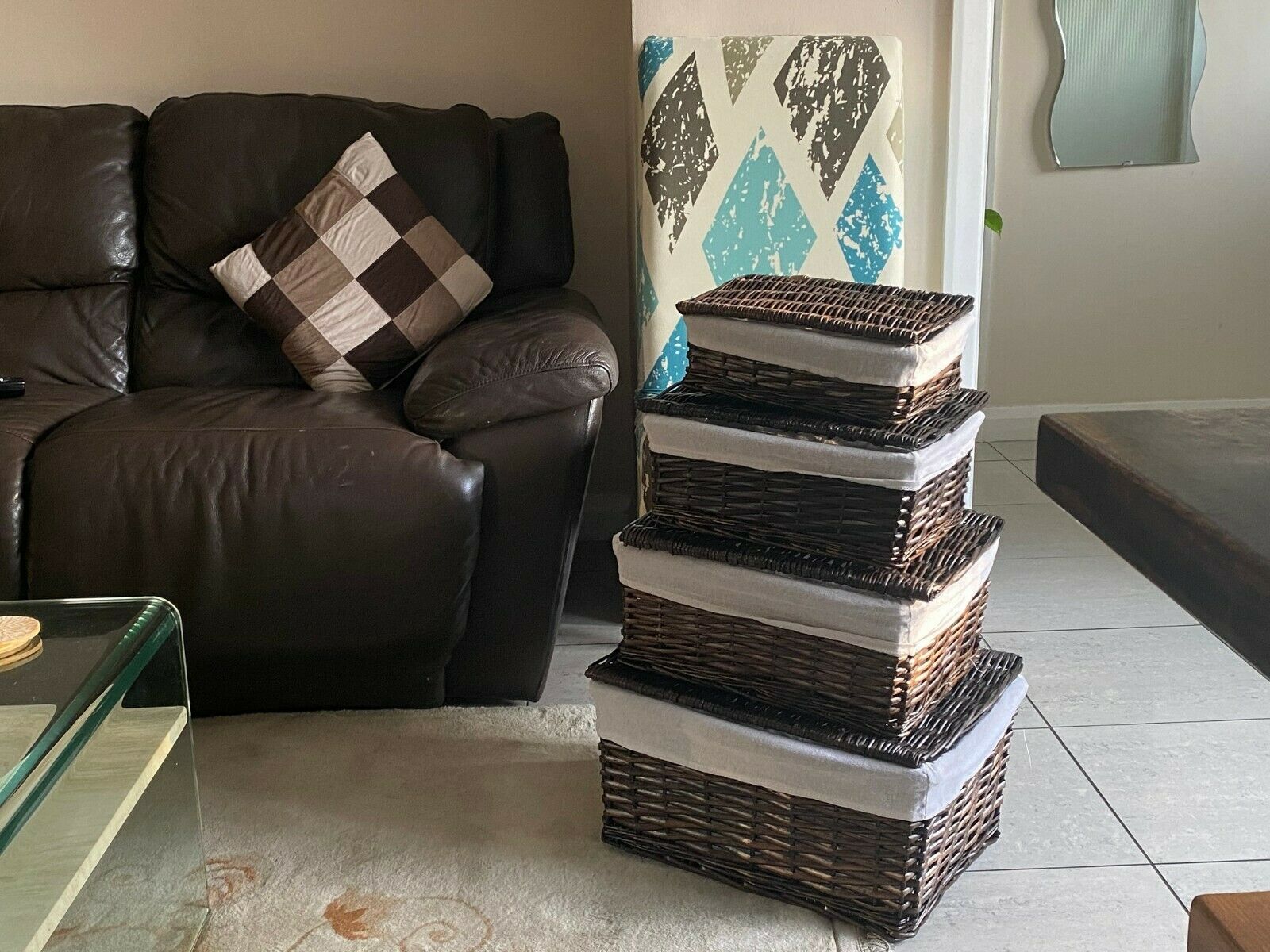 Black White Grey Lidded Wicker Storage Toy Box Empty Hamper Basket Lining