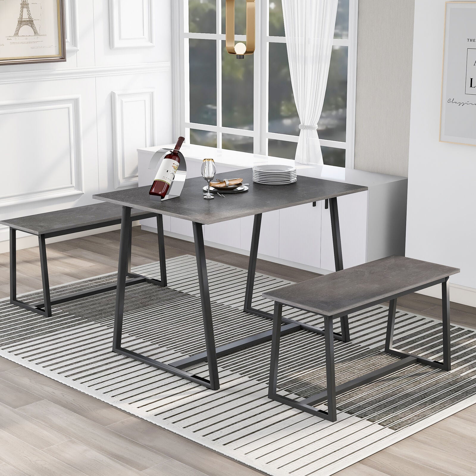 4-Seater Dining Table Set with 2 Benches Breakfast Kitchen Furniture Steel Frame