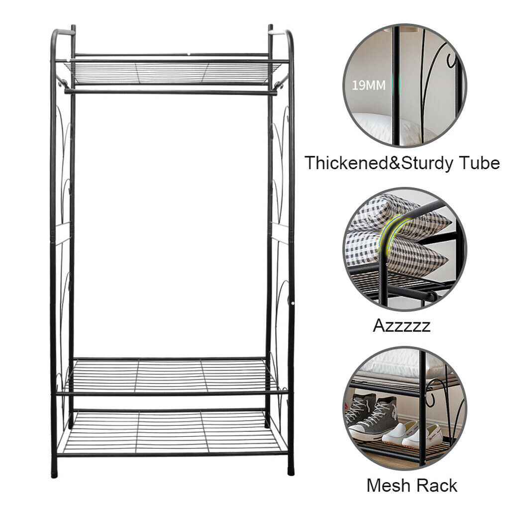 3 Tiers Clothes Rail Rack Garment Dress Hanging Display Stand Shoe Rack Storage (Black)