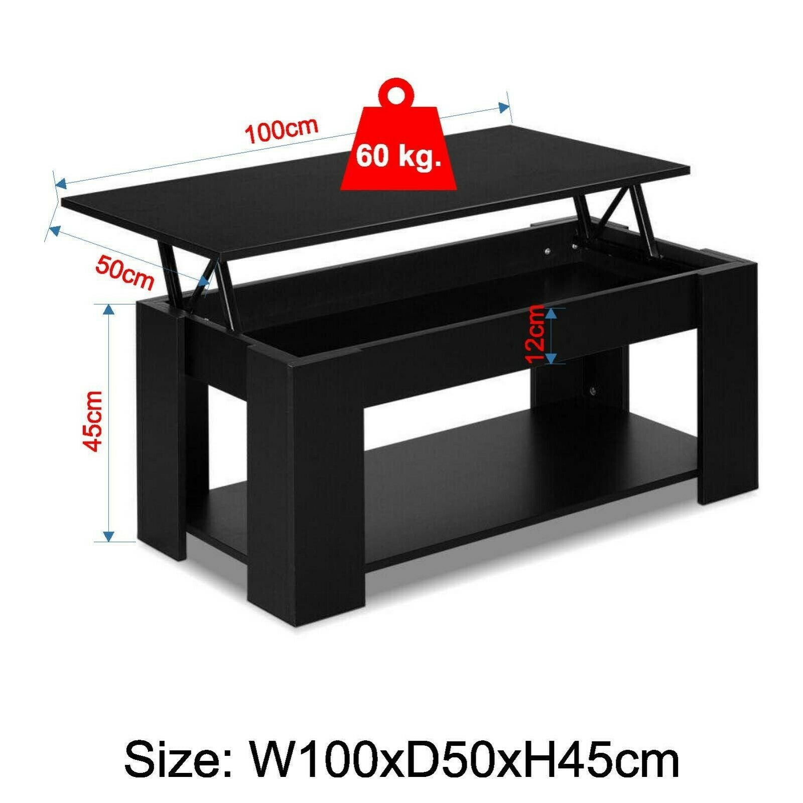 Black Wooden Coffee Table With Storage Lift Top Up Drawer Living Room Furniture