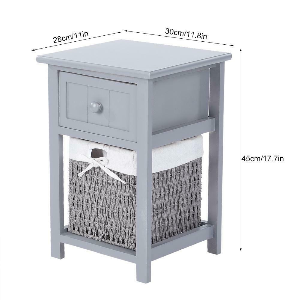 2 Pcs Wooden Bedside Table NightStand Cabinet Storage Drawer Wicker Basket Grey
