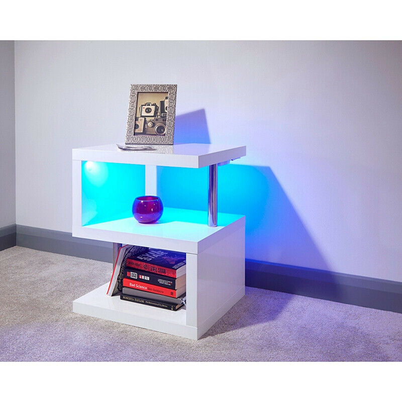 White High Gloss Coffee Table RGB LED Lights Wooden S-Shape Side Table Furniture