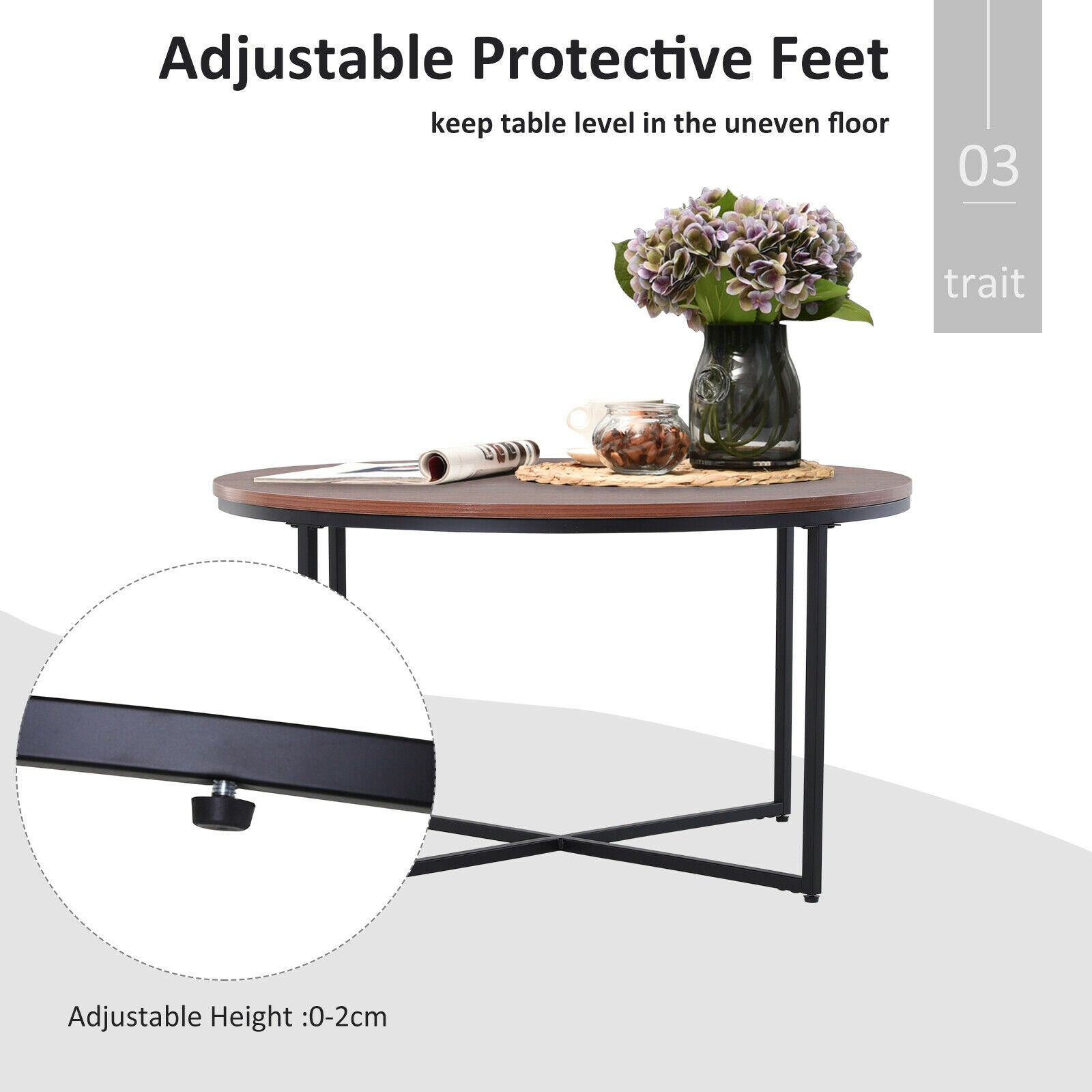 Modern Coffee Table Metal Frame Solid Tabletop Unique Cross Base - Brown