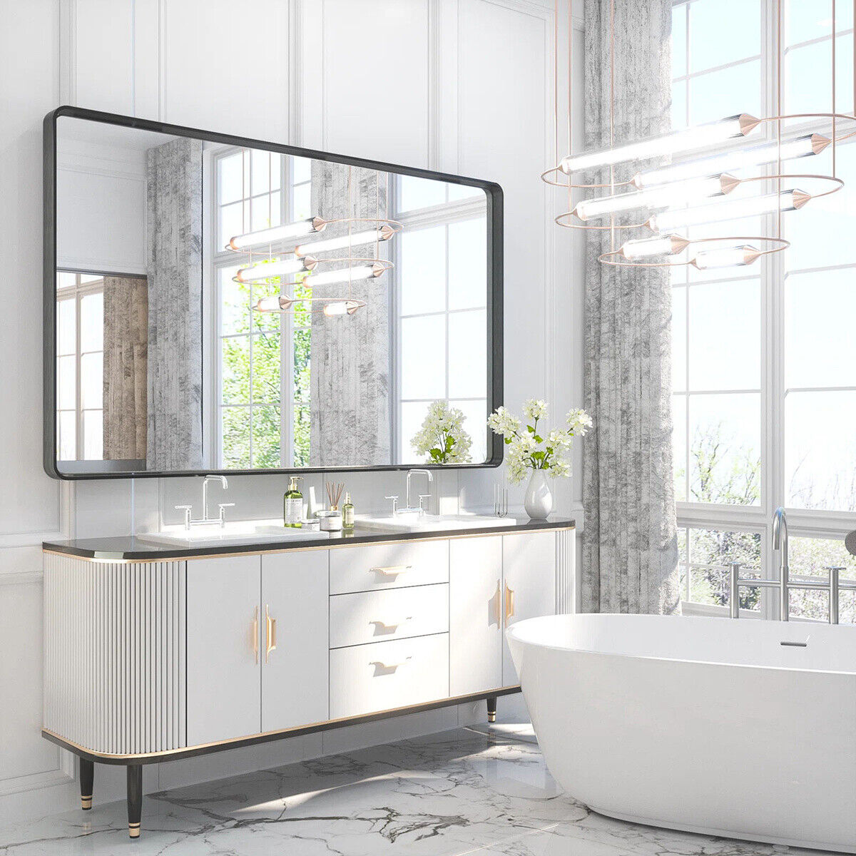 Black/Gold Rectangle Metal Frame Home Bathroom Glass Wall Mounted Vanity Mirror