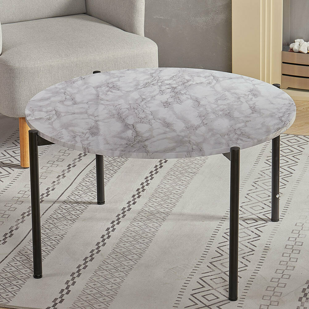 Round Coffee Table Marble Effect Living Room Sofa Side Table With Metal Legs