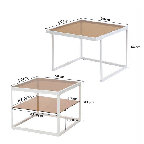 LED Nesting Coffee Tables Set of 2 Glass Top Side End Tables with Metal Frame HT