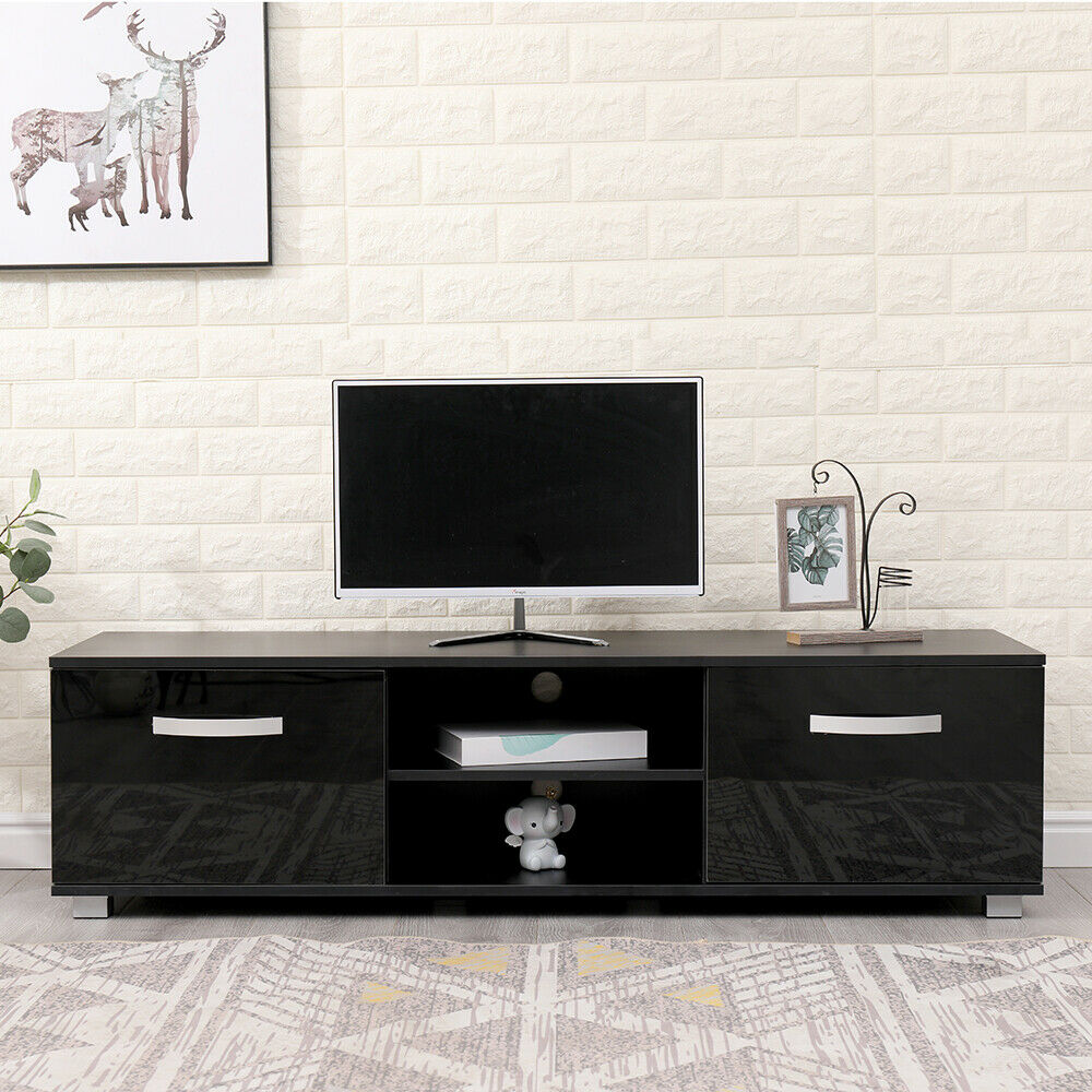 TV Cabinet with 2 High Gloss Doors&2 Shelves Matt Body, White/Black