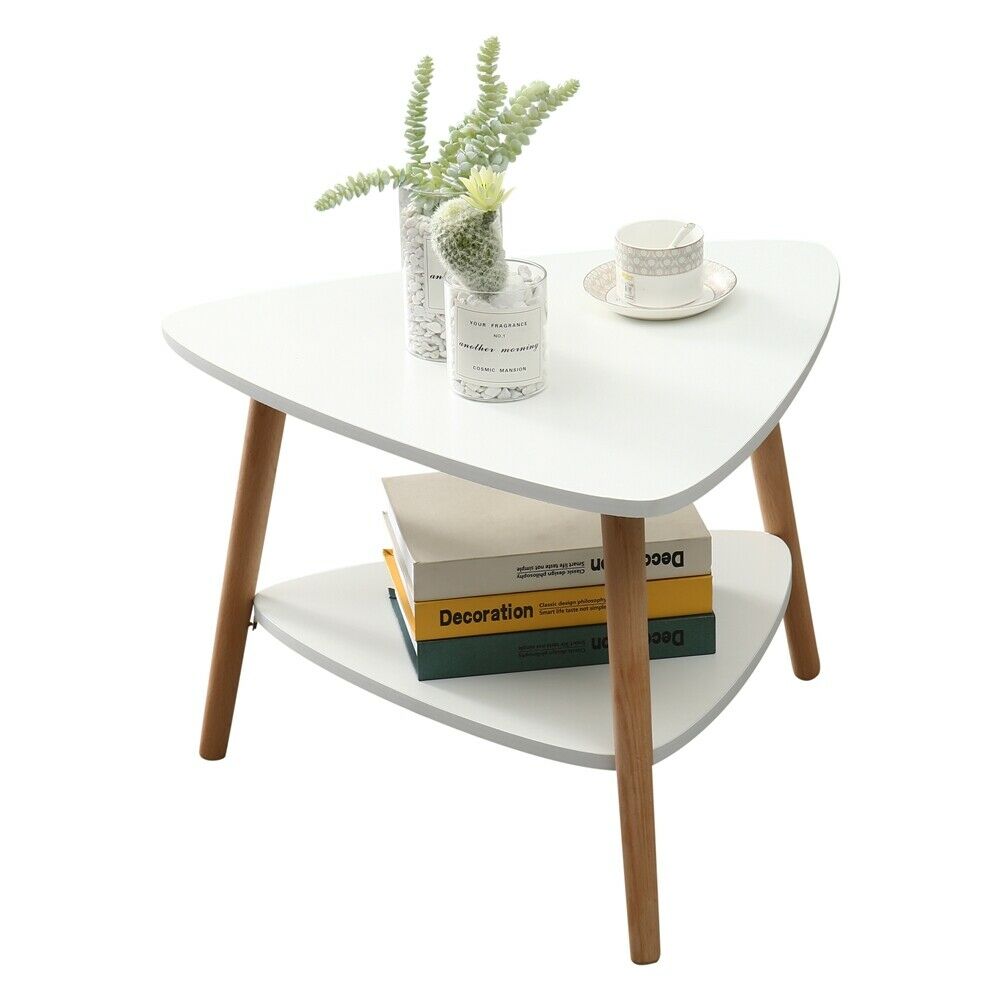 2 Tier Triangle Coffee Table with Solid Wood Legs Living Room Furniture Modern