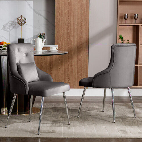 2pcs Dining Chair Upholstered Armchair Velvet Restaurant Office Chair Grey HT