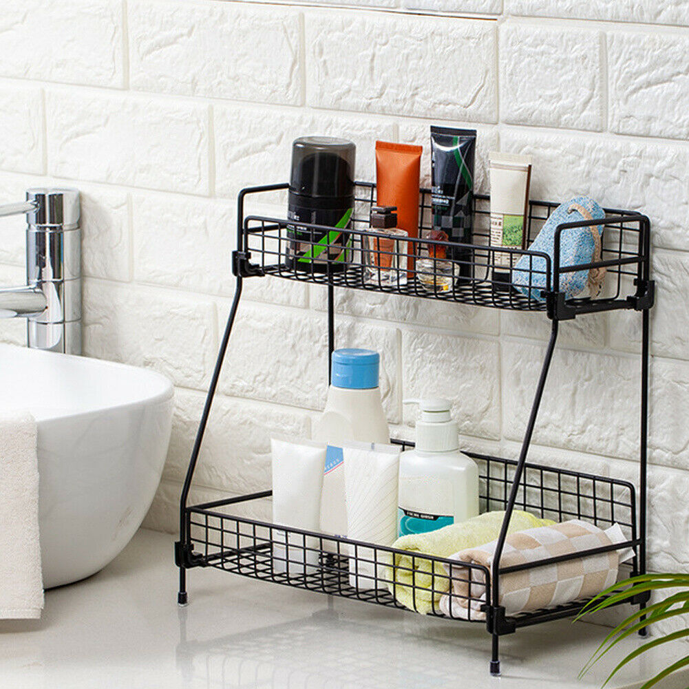 2 Tier Iron Rack Wire Basket Storage Container Desktop Shelf Kitchen Bathroom uk