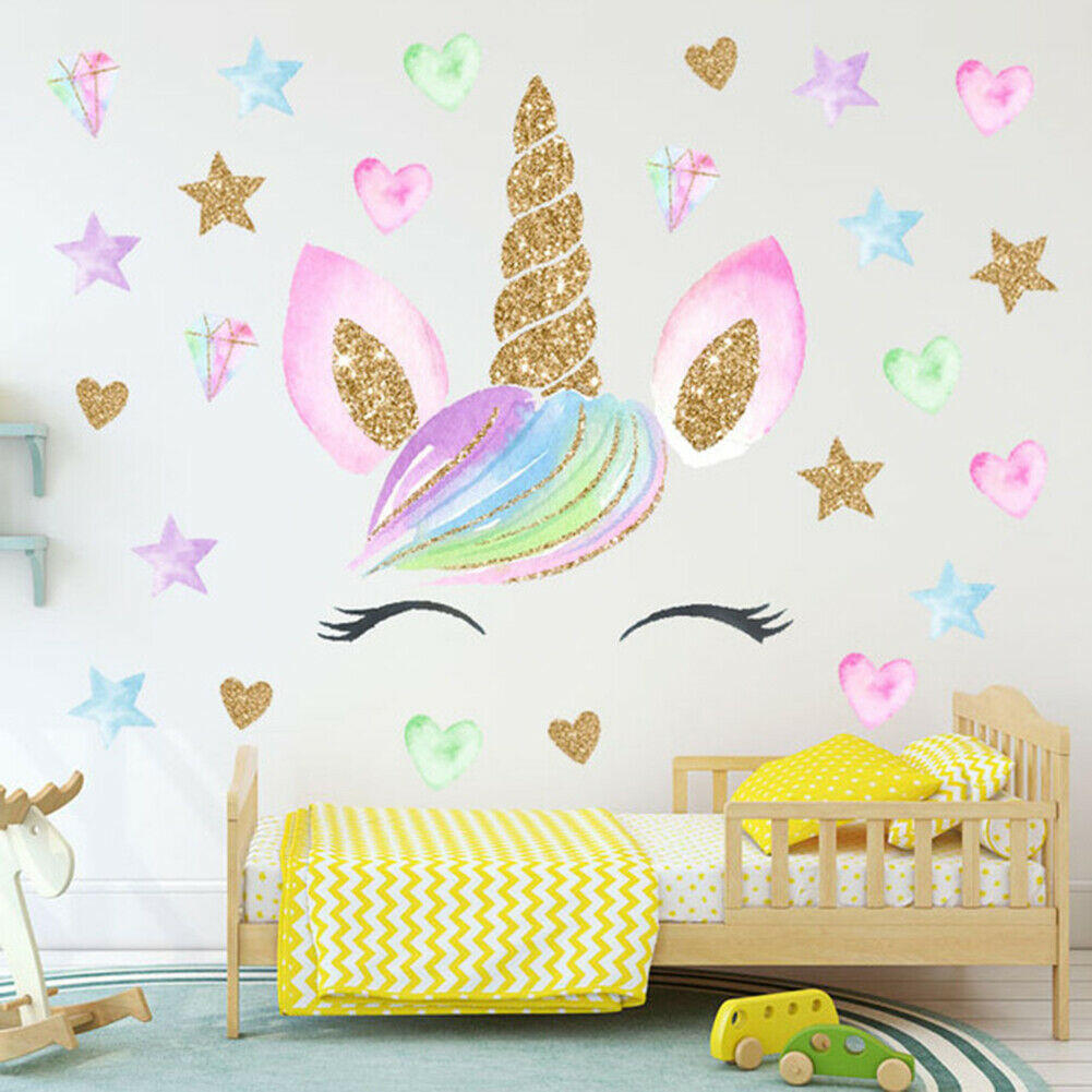 HIGH QUALITY UNICORN HEAD Wall Stickers Rainbow Decor Cute Pink Nursery Kid Room
