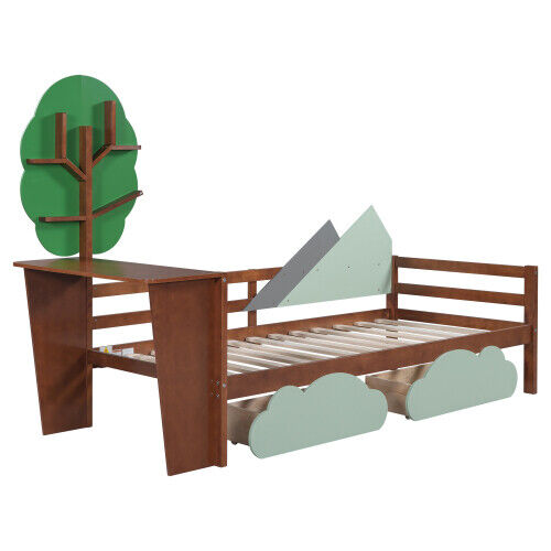 Kids Toddler Bed 3ft Single Daybed Tree Shelves Storage Bed Frame w/ 2 Drawer HT