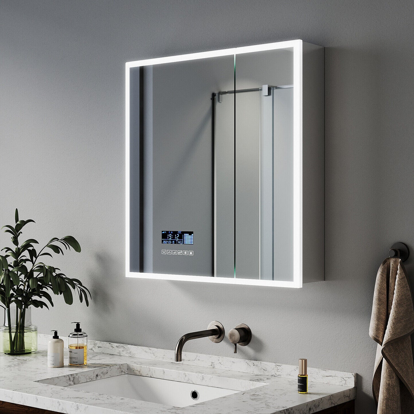LED Bathroom Mirror Cabinet With Bluetooth Socket Demister 3 Color Light 600x630