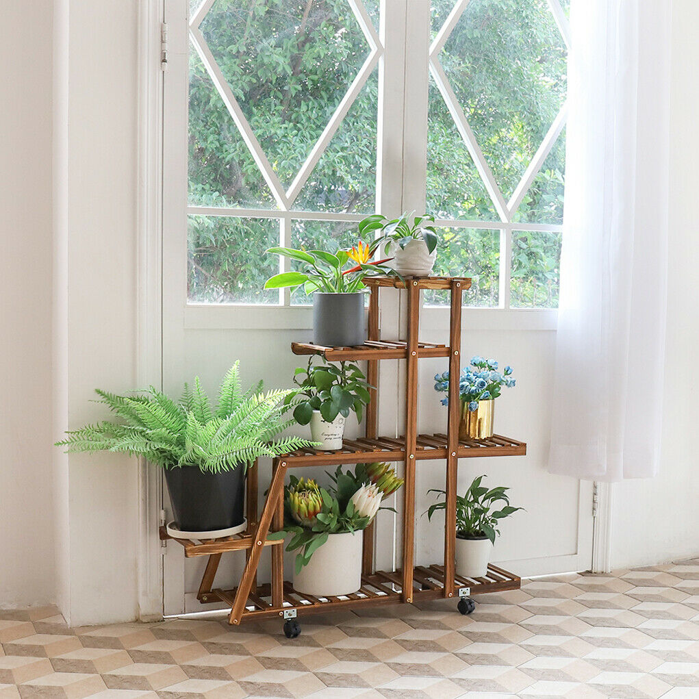 Pinewood Solid Plant Stand Shelf MULTI TIER Flower Pots Storage Display Wheeled