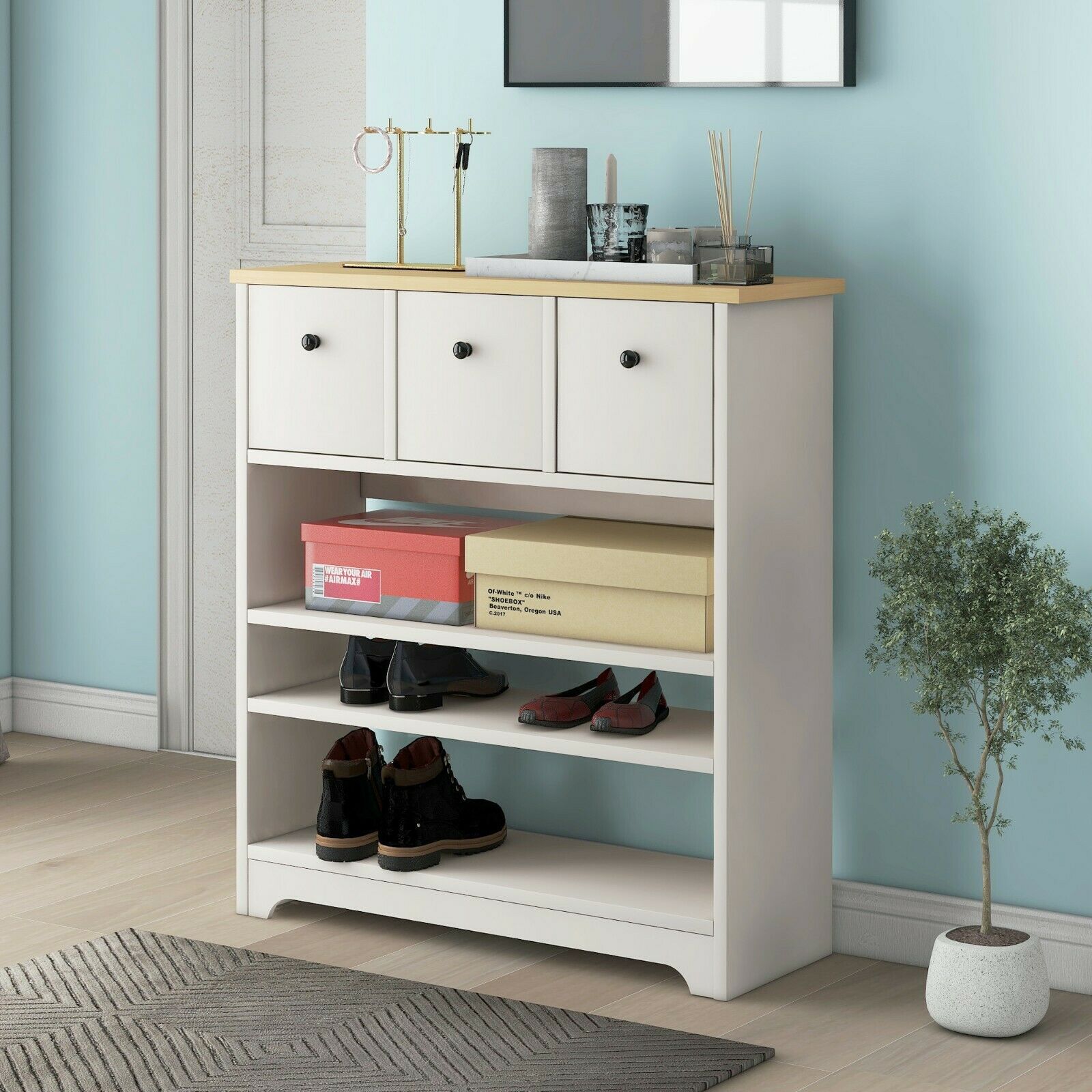 Wooden Side Cabinet 3 Tier Shoe Storage Cabinet Freestanding with Moveable Shelf