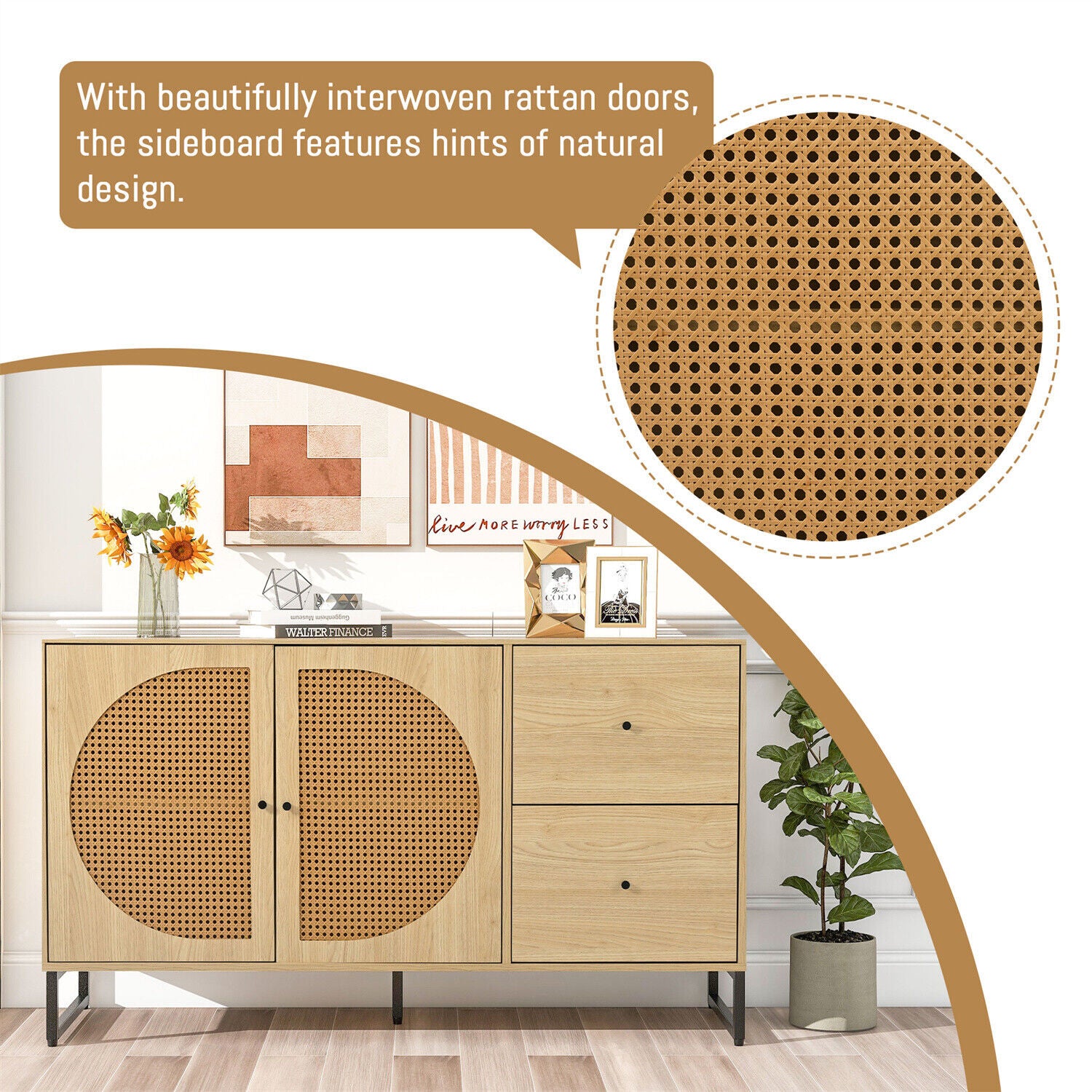 Rattan Sideboard Storage Cabinet Wooden Side Cabinet with 2 Doors 2 Drawers HT