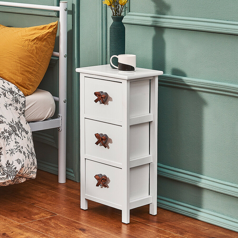Pair of White Bedroom Bedside Table Unit Cabinet Nightstand with 3 Drawers UK
