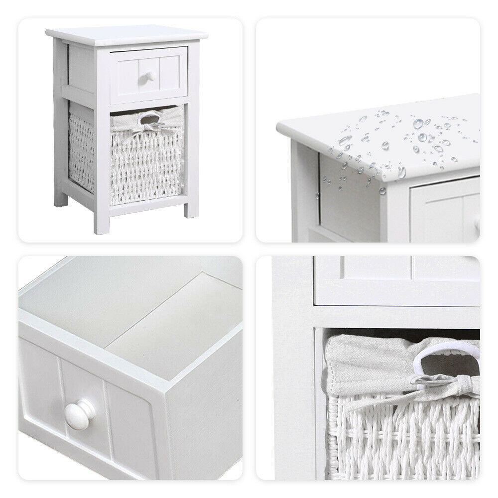 A Pair of Wooden Bedside Tables Storage Drawer Wicket Baskets Nightstand Cabinet