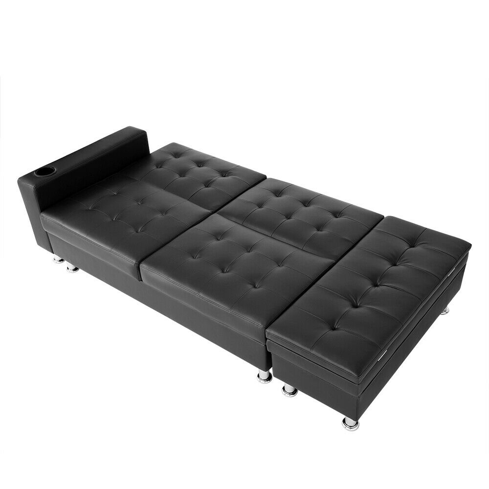 3 Seater L-Shaped Black Faux Leather Sofa Bed w Ottoman & Cup Holder Recliner