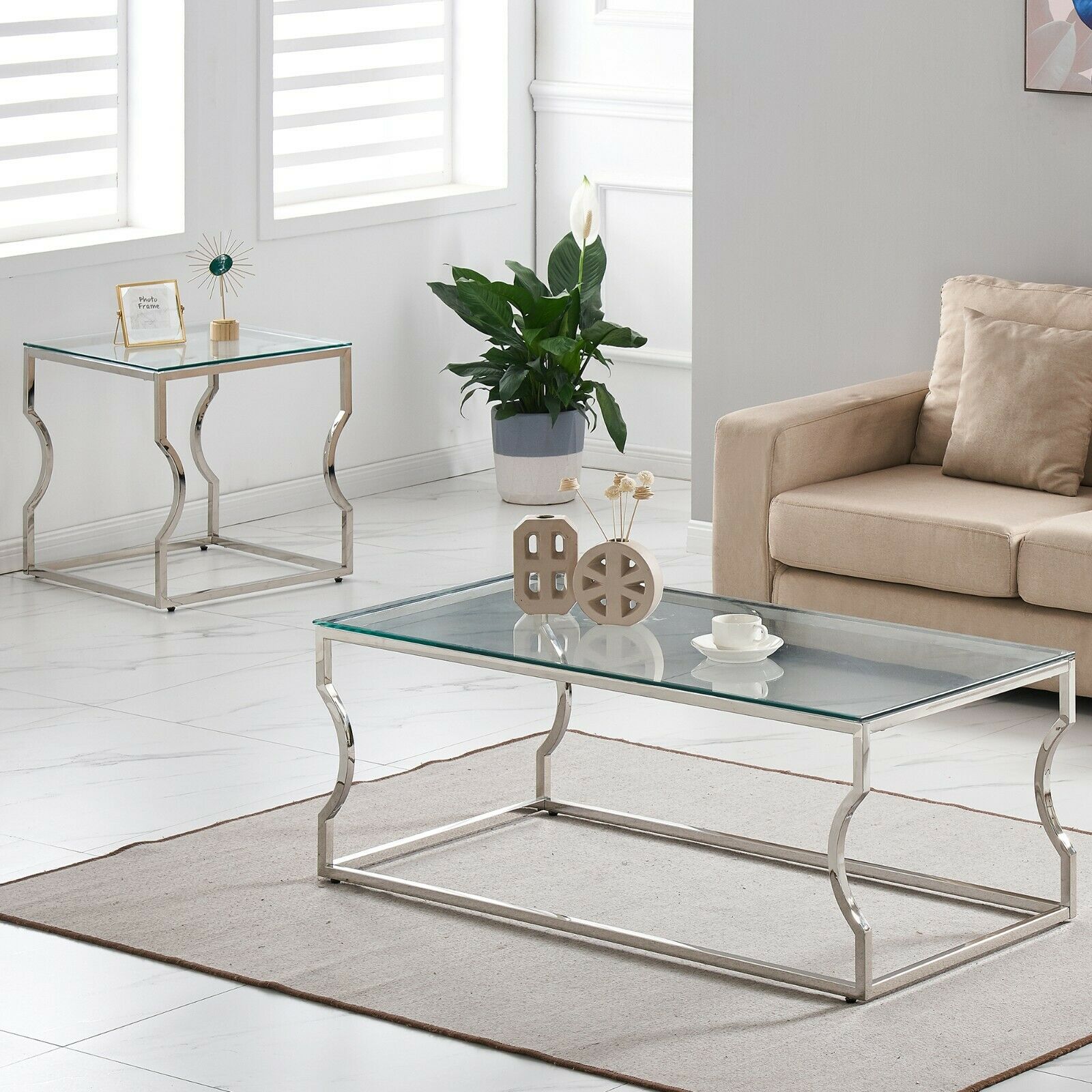 Console Coffee End Table Tinted Tempered Glass Furniture Chrome Crescent Leg