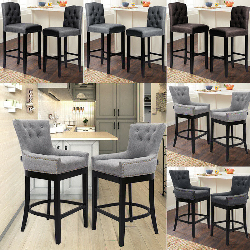 Grey Linen Fabric Breakfast Counter Chairs Bar Stools Wood Barstools Stool Chair