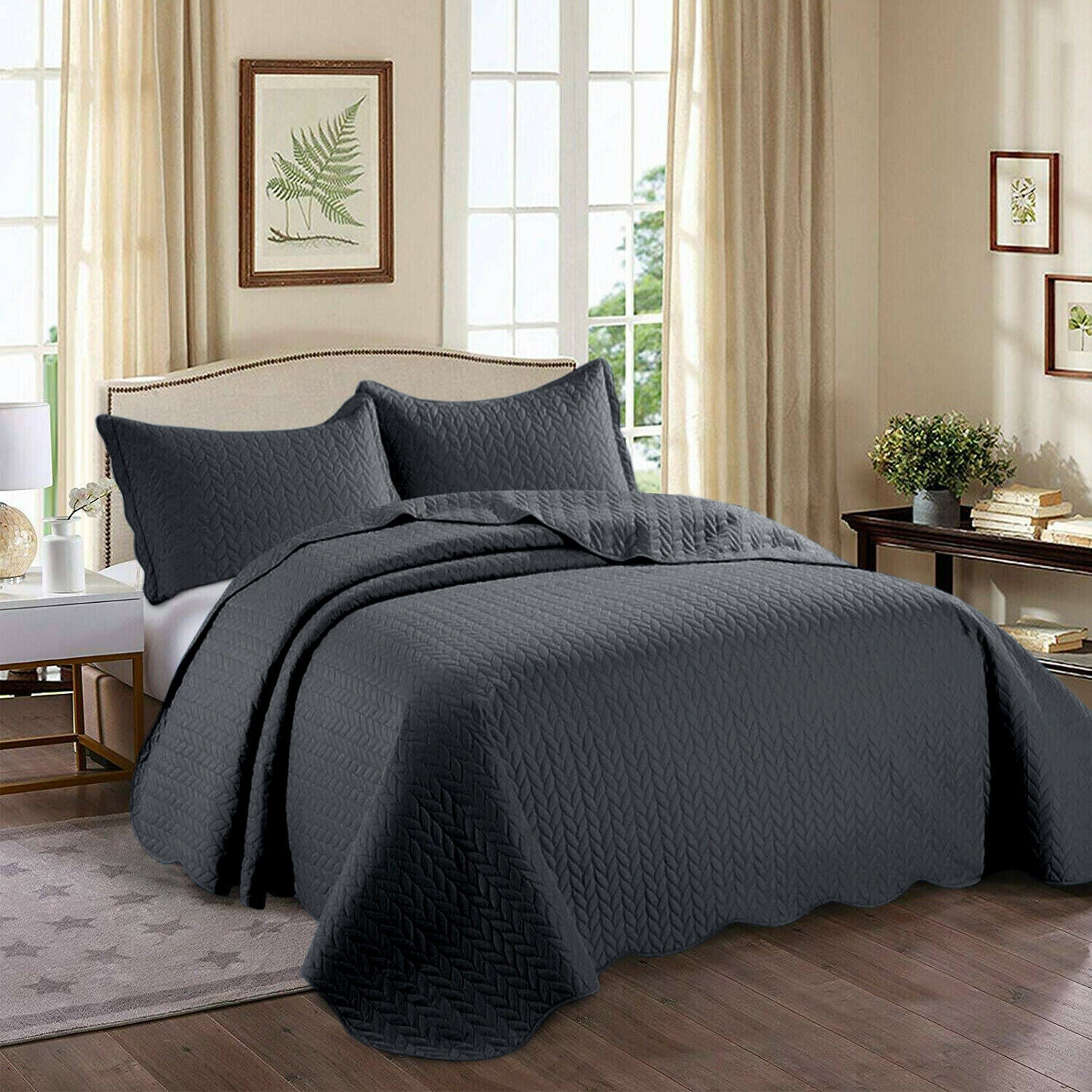Luxury Quilted Bedspread Throw Set 3 PCs Sofa Bed Cover Single Double King Size