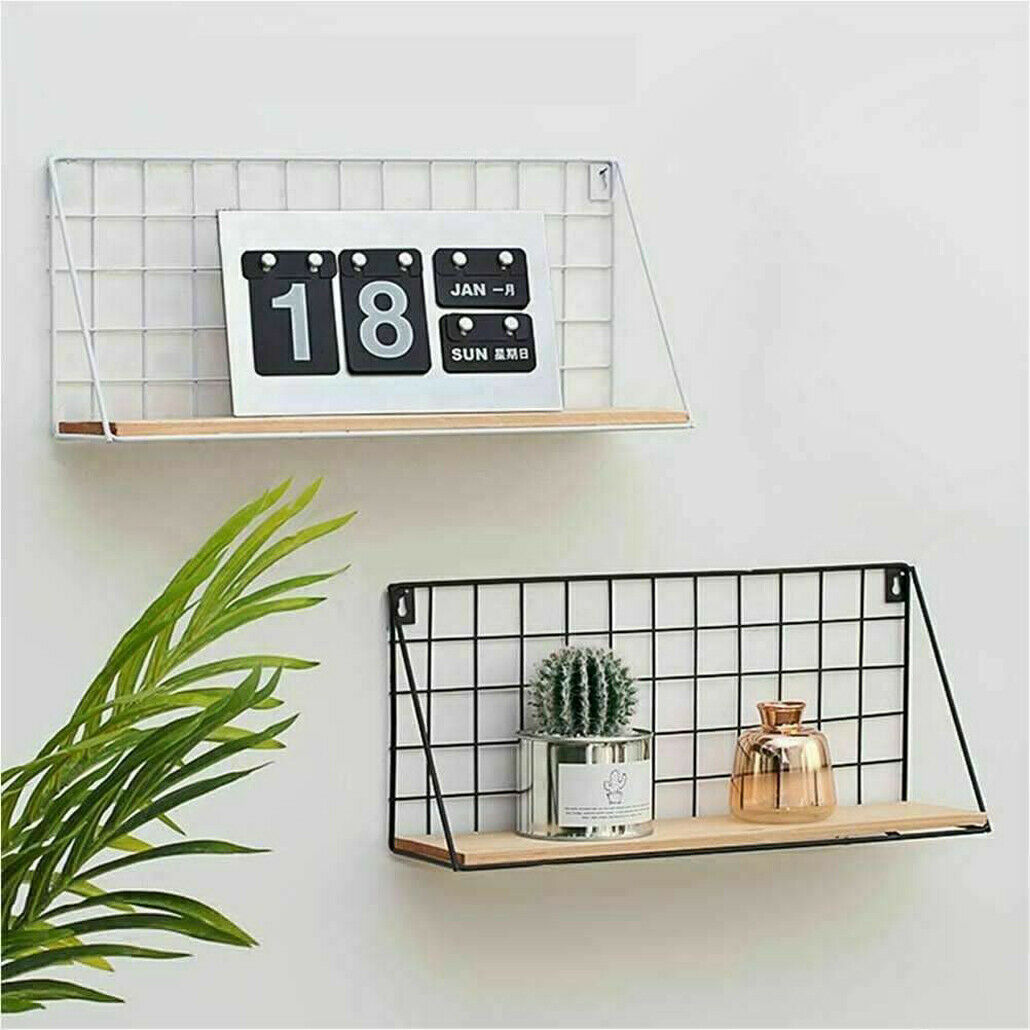 Vintage Industrial Wall Mounted Shelf Unit Metal Wire Floating Shelves Wood Rack