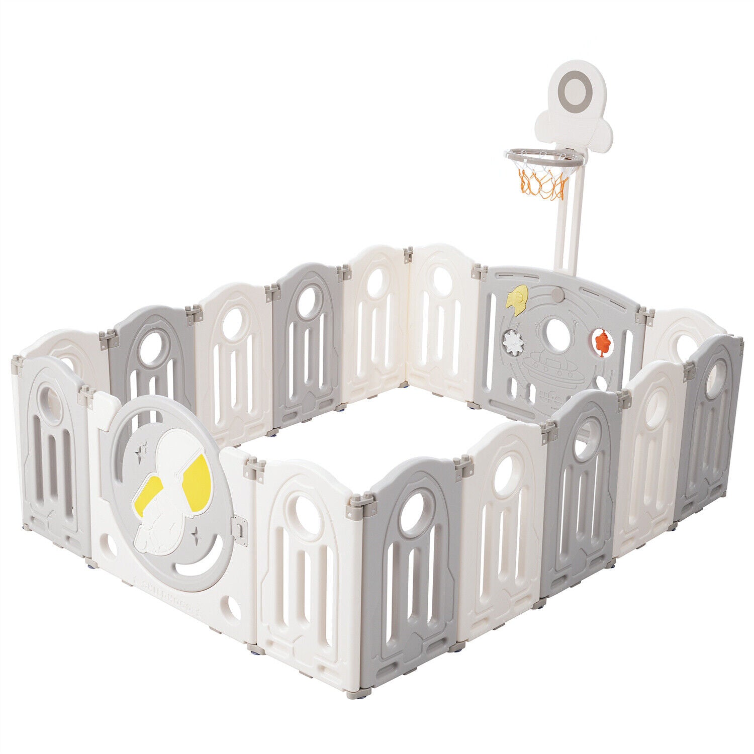 Foldable Baby Playpen with Activity Panel and Basketball Hoop 16 Panels Grey HT