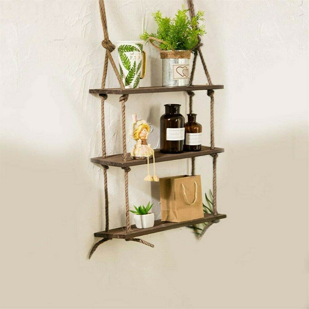 3 Tiers Rustic Wooden Wall Hanging Rope Shelf Mounted Floating Storage Unit Home