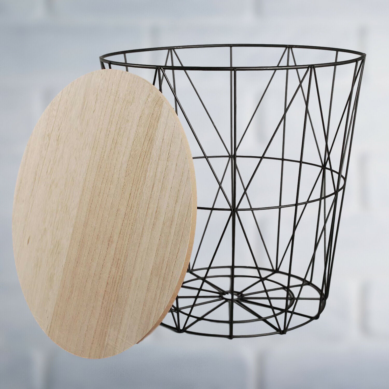 Brown Wooden Top Black Wire Storage Basket Round End Side Table Home Furniture